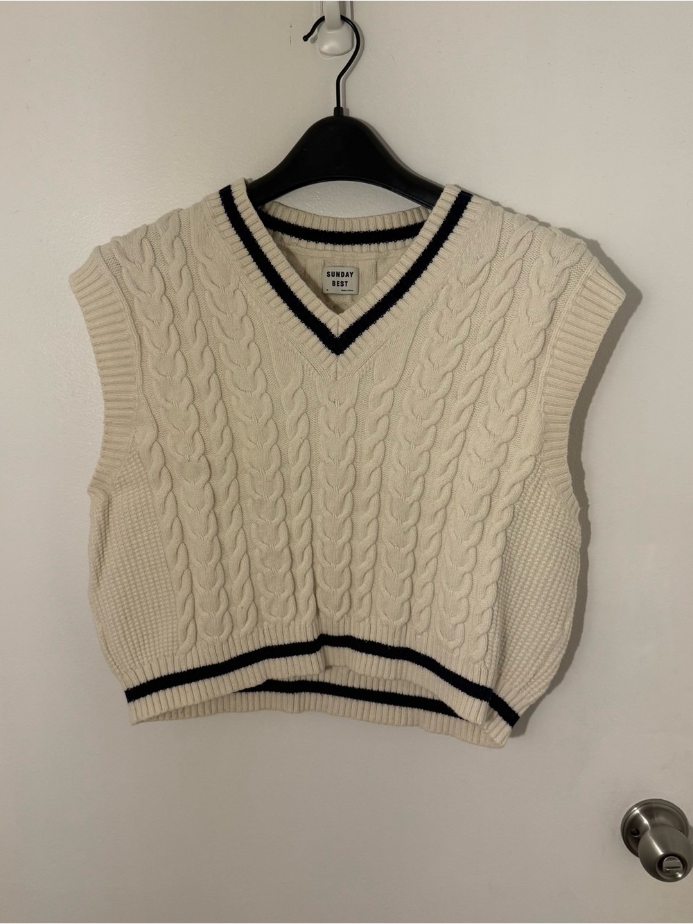 Sunday Best Cream Cable Knit V-Neck Sweater Vest with Navy Trim